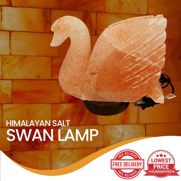 Duck-shaped Himalayan salt lamp carved from natural pink salt crystal, softly glowing with warm amber light, no wooden base, minimalist design for home décor and spa room ambiance.