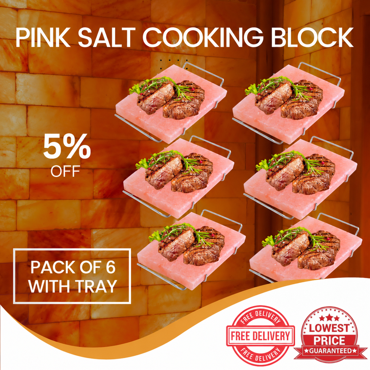 Himalayan Pink Salt Cooking Block 12" x 8" x 1.5" Pack of 6