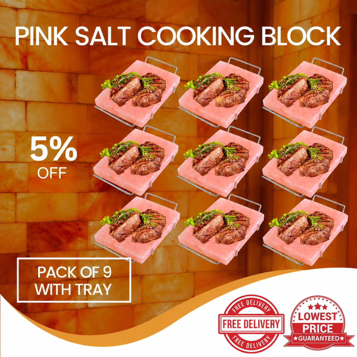 Himalayan Pink Salt Cooking Block 12" x 8" x 1.5" Pack of 9